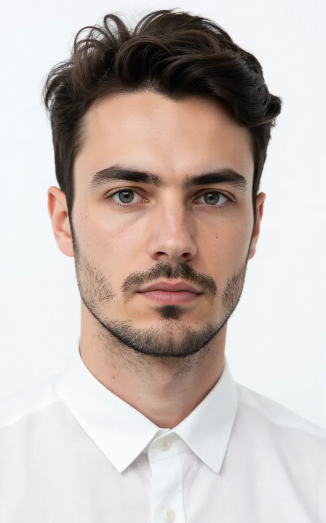 A French male model with Sideburns, wearing a shirt, against a white background, in a front   facing bust portrait